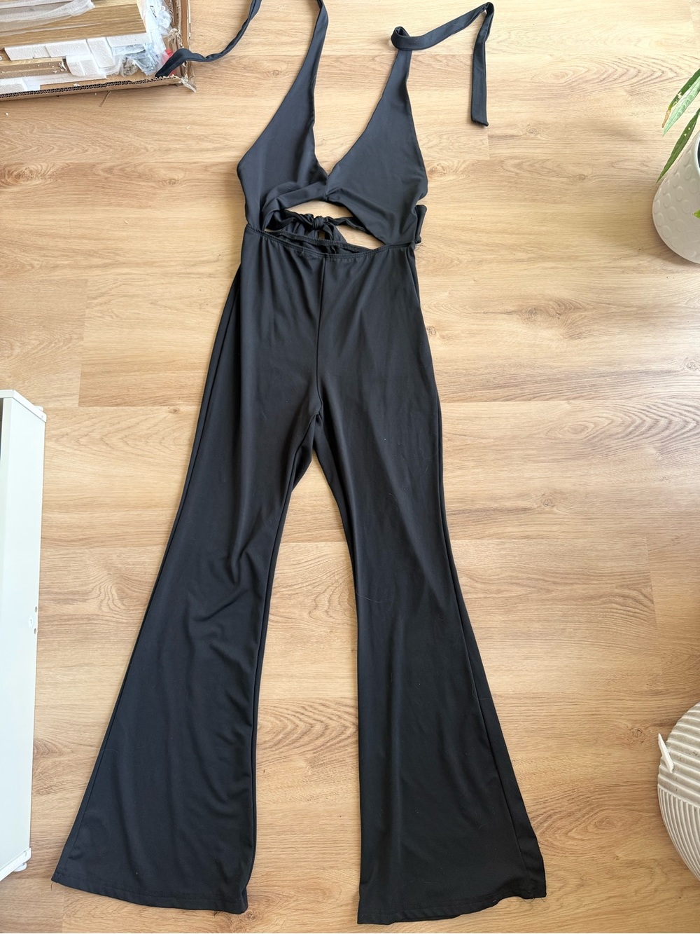 SHEIN Black Halter Cutout Flared Jumpsuit